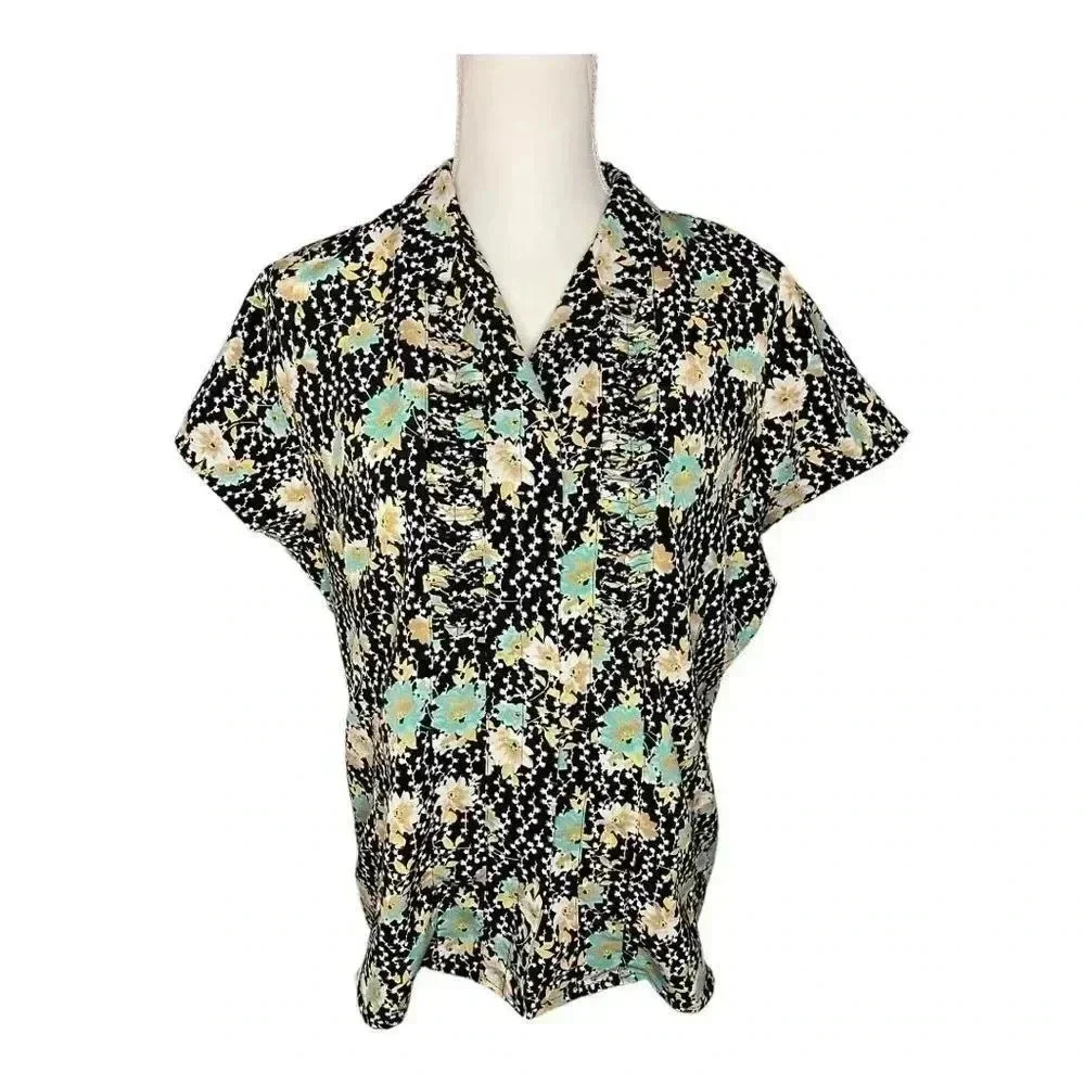 Sag Harbor Women’s Size 16 Black Floral Ruffle Button Down Short Sleeved Top